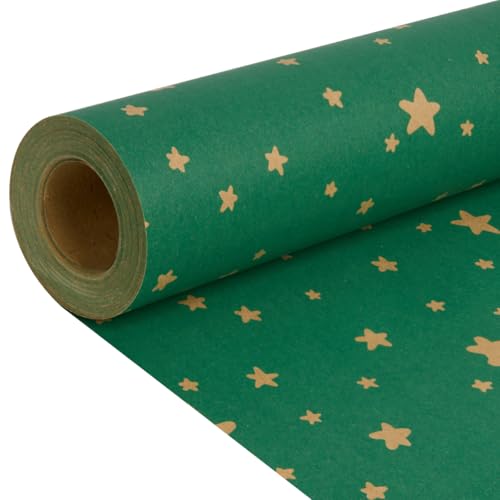 Grünes Geschenkpapier, Rolle, 43 cm x 15 m, recycelbares Kraftpapier mit Sternmotiv für Geburtstage, Weihnachten und Hochzeitsfeiern