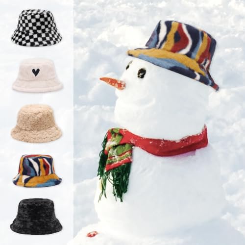Image of Bucket Hat Women Furry Fuzzy Bucket Hats for Ladies, Winter Warm Fluffy Plush Faux Fur Hat for Women
