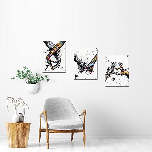 Vanseeing 3 Piece Graffiti Paintings Canvas Wall Art Promise Holding Hands Pop Art Posters Prints Abstract Painting Bedroom Wall Decor Modern Giclee Artwork Framed Ready To Hang 12X16Inchx3Pcs #TOP2