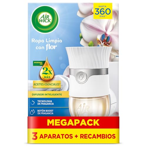 Air Wick Eléctrico Aparato y recambio de ambientador automático eléctrico, con aroma a Ropa Limpia com Flor - 3 Aparatos + 3 Recambios, El embalaje puede variar