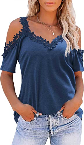 KKG Cold Shoulder Tops for Women Summer Tops Short Sleeve V Neck Off Shoulder Open Shoulder Shirts Casual Loose Fit Blouses Navy Blue