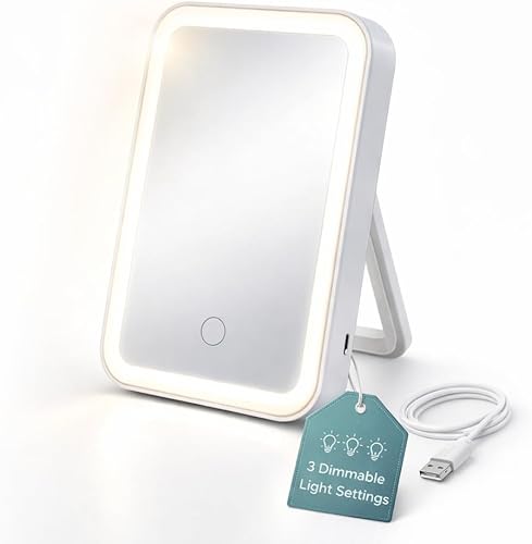 Atlas - Espejo LED de maquillaje, espejo de viaje cosmético, portátil y 3 ajustes regulables, recargable por USB, control táctil, espejo