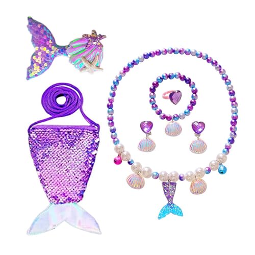 Conjunto de 7 joias de sereia para meninas, para bolsa, anéis, pulseiras, colares, brincos, ganchos de cabelo, jóias de princesa para bebés, presente de aniversário para meninas (roxo)