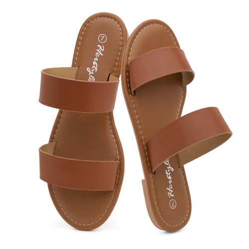 Image of Herstyle Flat Sandals for Women, Double Strap Slide Sandals, Open Toe Slip On, Comfortable Cushioned Footbed Casual Summer Shoes for Daily Wear, Beach, Vacation, Clear Options