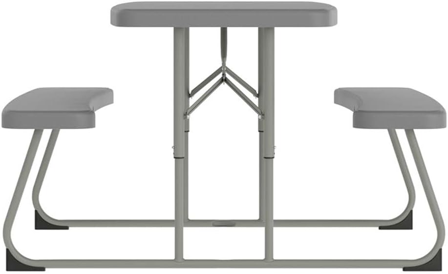 Pemberly Row Kids Folding Picnic Table with Benches, 32.63x37.5x21.5 in, Gray Plastic and Steel, Impact Resistant, Waterproof, Indoor/Outdoor Use, Seats 4 Children Ages Up to 5, Foldable, Locking Legs