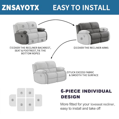 Image of 2026 Loveseat Recliner Cover 6-Piece (48 inch-66 inch) Super Soft Recliner Loveseat Covers with Big Pocket & Anti Slip Ties Stay in Place, Lazy Boy Reclining Love Seat Slipcover Durable Washable, Dark Grey