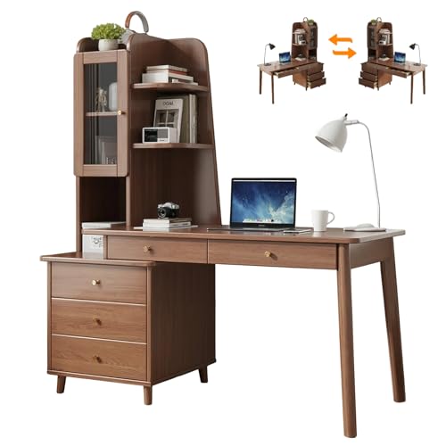 L字型デスク 引き出し付き 幅120cmホームオフィスデスク 勉強机 学習机(収納棚とサイドキャビネット付き) L字型コンピューターデスク(100%オーク無垢材) リバーシブル(Walnut)