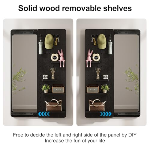 Image of KungFuWood Full Length Mirror with Shelf and Hooks,Entry Way Mirrors for Wall,Wall Mirror with Shelf,Wall Mirror with Storage Multifunctional Design Panel,Living Room (Black, 52.4 inch L x 19 inch W)