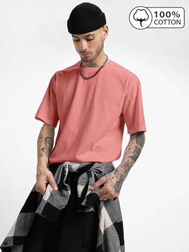Image of Veirdo Oversized Baggy Fit Drop Shoulder Half Sleeves Round Neck Solid Pure 100% Cotton T-Shirt for Men (Available in White, Black, Mustard, Maroon, Green, Lilac, Navy, Red Color)