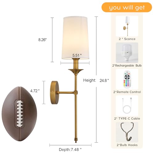 Image of PASSICA DECOR Battery Operated Wall Sconce Set of 2 - Rechargeable Cordless Lights with Remote, Dimmable RGB Timer Wireless Sconces for Bedroom, Living Room, Hallway