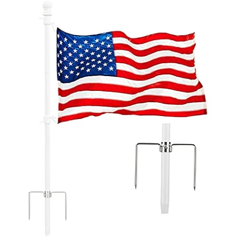Flag Pole for House with 3x5 American Flag - 8ft White Flag Poles Kit for Outside in Ground with 2 Pronges Base for Yard Residential Commercial Cover