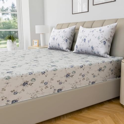 Image of LINENWALAS 100% Cotton Bed Sheet for King Size Bed, Floral Printed King Bedsheet with 2 Pillow Covers | 210 TC Soft, Breathable, Luxury Bedsheet (Blue Sapphire, 108 x 108 Inches)