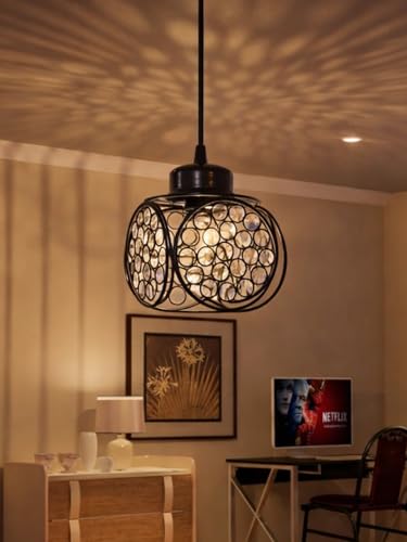 Image of Modern Black Metal Crystal Pendant Light | Round Cage Hanging Ceiling Lamp | Decorative Chandelier Light for Living Room, Bedroom, Dining Area | Warm Ambient Lighting (Ring Cube Black)
