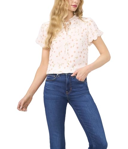 CeCe Women's Bubble Sleeve Split Neck Blouse with Tie