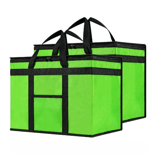Image of Insulated Bags for Food Delivery (XL Plus) Grocery Shopping Cooler Bag, Pizza Delivery, Hot & Cold Catering Tote, Reusable, Foldable & Heavy Duty (2 Pack, Green)