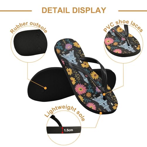ALAZA Eiffe Tower Colorful Flower Flip Flops for Women Fashion Beach Slippers Comfort Mens Flip Flops Non-Slip Rubber Shower Slippers Sandal for Hotel Travel Sport,XS3