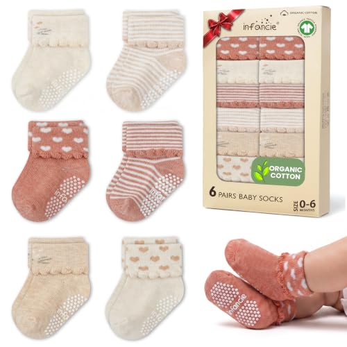 GOTS Organic Cotton Blend Infant, 6 Pairs Socks 0-6 M Boys Non Slip Gift