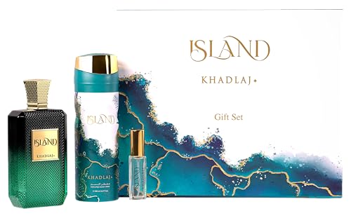 Image of Khadlaj Island 3-Piece Gift Set for Unisex (3.4 oz Extrait de Parfum Spray + 6.8 oz Deodorant Spray + 0.27 oz Travel Spray)