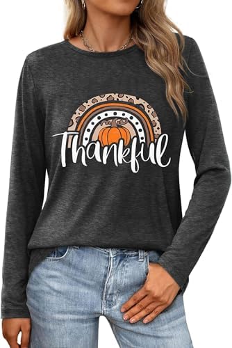 Thankful Pumpkin Long Sleeve Shirts Women Thanksgiving Family Graphic Tee Tops Fall Leopard Pumpkin Holiday Casual Tops(Dark Gray1-L)