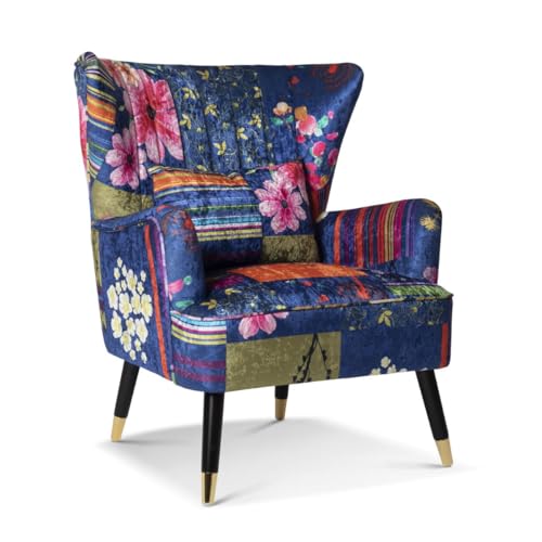 Stunning Chairs Multicoloured Fabric Patchwork Purple Wingback Armchair for Living Room - Patchwork Accent Chair for Bedroom, Colourful Wingback Chair, Purple Armchair for Reading - VICTORIA