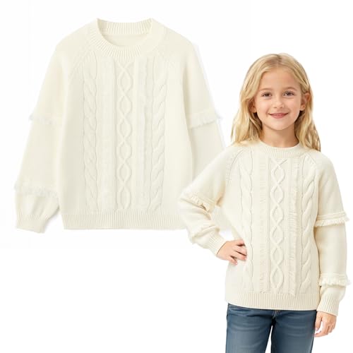 Image of Curipeer Girls Pullover Sweaters, Lace-up Long Sleeve Crewneck | Soft Warm Classic Cable Knit, Winter Fall Spring Daily Wear, Little Kids Tween Girl