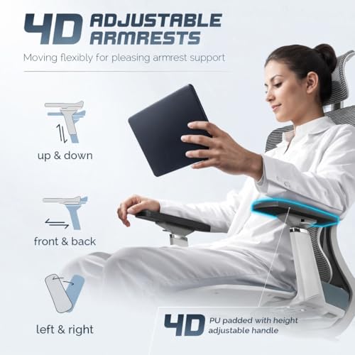 Image of TOBY Ergonomic Office Chair with Adjustable Headrest & Lumbar Support, 4D Armrests, Breathable Mesh Back, Thick Cushioned Seat, Class 4 Hydraulic Gas Lift & Heavy-Duty Base - Grey