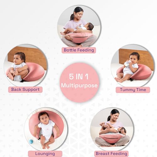 Image of Wakefit Nursing Pillow for Breastfeeding & Baby Care | 5 in 1 Feeding Pillow with Removable Cover | Super Soft & Machine Washable Velvet Cover | Pink