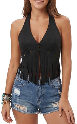 FEOYA Women's Western Fringe Halter Tops Faux Suede...