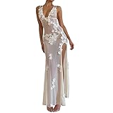 Sexy See Through Sheer Mesh Maxi Dress Sleeveless Lace Patchwork Long Dress Perspective Backless Bodycon Beach Wear