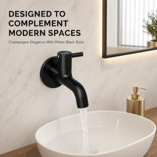 Image of ZAP Elixir Series Brass Long Body Tap, Champagne and Matte Black Wall Mount Faucet for Bathroom Wash Basin and Kitchen Sink, Rust-Resistant Modern Water Tap