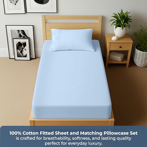 Image of ROYALE LINENS Fitted Sheet with Pillowcase - Twin Fitted Sheets with 1 Pillowcase - 300 Thread Count 100% Organic Cotton - Fit Mattress Up to 18 inch Deep - Soft & Breathable - Lake Blue (No Flat Sheet)