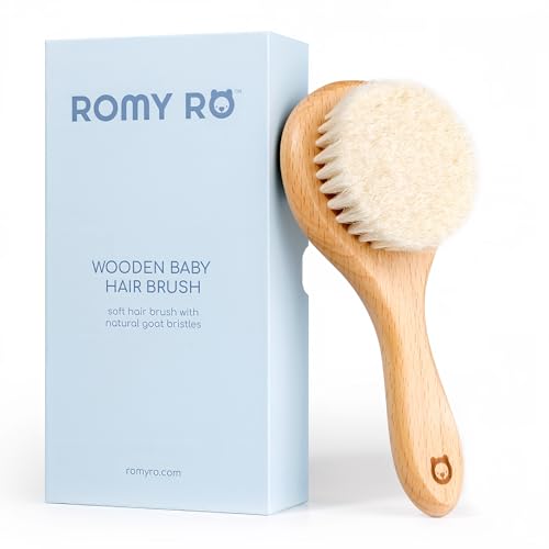 Image of ROMY RO Soft Wooden Baby Hair Brush for Newborns & Toddlers in Chic Gift Box - Ultra Soft Natural Goat Hair - Perfect Registry Gift