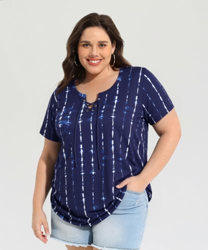 Image of CARCOS Womens Plus Size Tops Short Sleeve Shirts V Neck Tunic Floral /Tie Dye /Solid Summer Tees XL-5X
