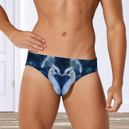 Two White Peacocks Printed Swim Briefs for Men Sexy Bikini Swimwear Elastic Beach Trunks Bathing Suit2