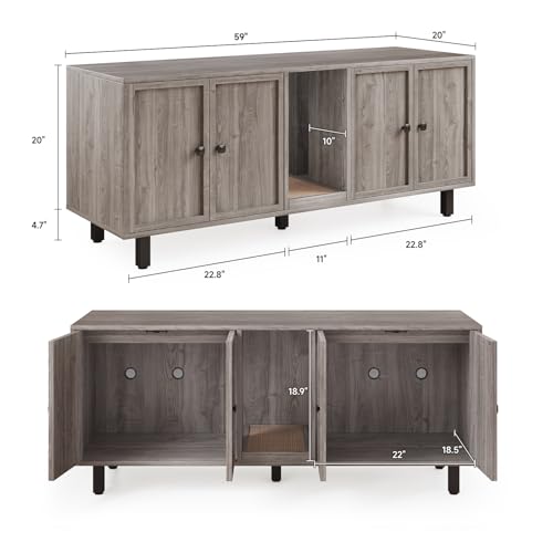 Image of ONBRILL 59 Inches Cat Litter Box Enclosure for 2 Cats, Hidden Litter Boxes Furniture with Cat Scratch Pad, Large Indoor Pet House with Double Room, Wooden TV Stand Side Table, Grey