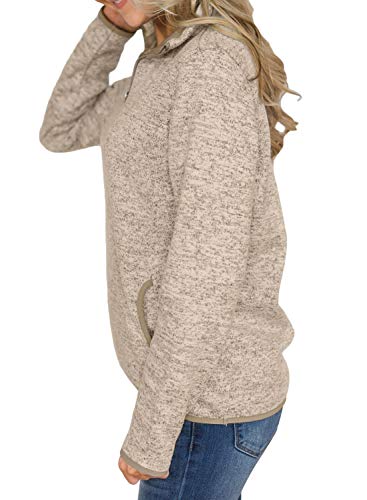 Arainlo Women 1/4 Zip Up Solid Color Kangroo Pocket Pullover Tunic Tops Casual Long Sleeve Oversized Loose Fit Sweatshirt Khaki M