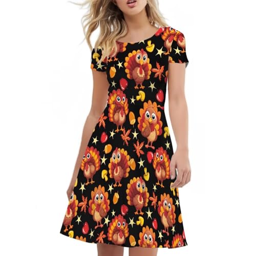Image of Forchrinse Women's Thanksgiving Dress for Women Turkey Print Short Sleeve Crew Neck Dress Fall Midi Dress Casual Sundress Holiday Party Clothing