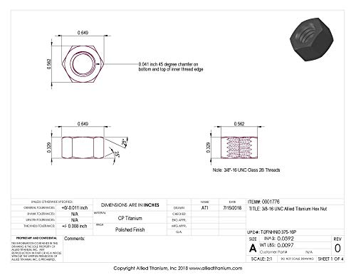 Allied Titanium 0001776, (Pack Of 10) 3/8-16 Unc Titanium Hex Nut, Grade 2 (Cp) #TOP1