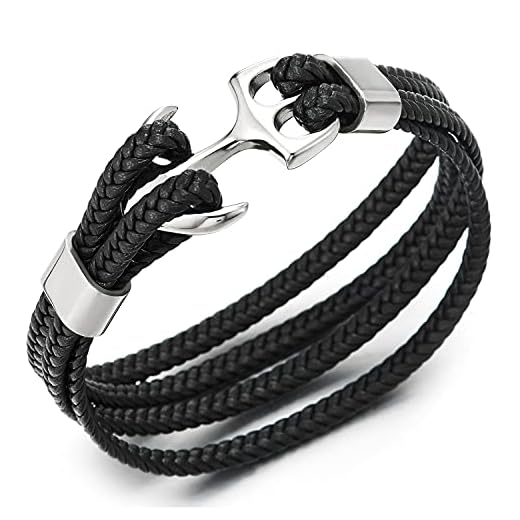 COOLSTEELANDBEYOND Män kvinnor stål marin ankare armring armband flera band svart flätat läderarmband