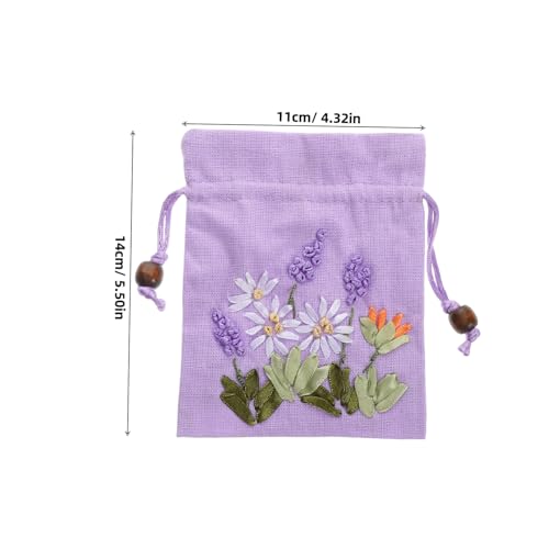 Bolsas de lino bordadas para joyería con cordón lavanda miniatura 2