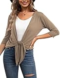 VOIANLIMO Women's Tie Front Casual 3/4 Sleeve Cropped Bolero Lightweight Sheer Shrug Cardigans Khaki, Large