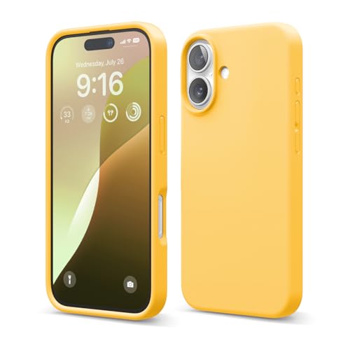 Image of elago Compatible with iPhone 16 Case, Premium Liquid Silicone Case, Full Body Protective Cover, Shockproof, Slim Phone Case, Anti-Scratch Soft Microfiber Lining, 6.1 inch (Sunshine), Yellow