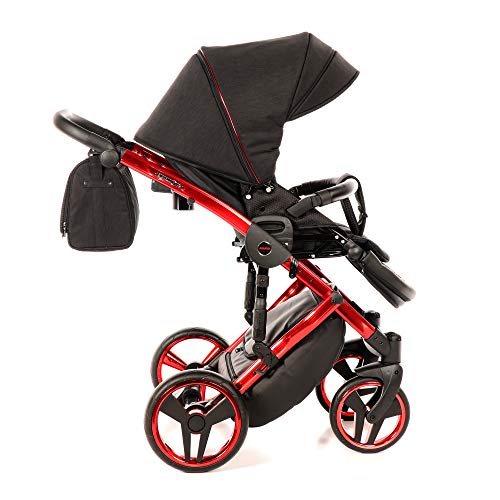 Original Junama Diamond Individual Reisesysteme Kinderwagen 2in1 3in1 4in1 + Schlafsack + Handmuff + Sonnenschirm + Originalzubehör (2in1, Rot-Schwarz 01)