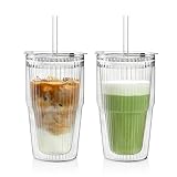 KEMORELA 16oz Ribbed Glass tumbler with Lids and Straws 2pcs,Double Wall Iced Coffee Cups with Lids,Coffee Bar Accessories, Insulated Borosilicate Glass Tumblers, To Go Coffee Cups, Spill proof