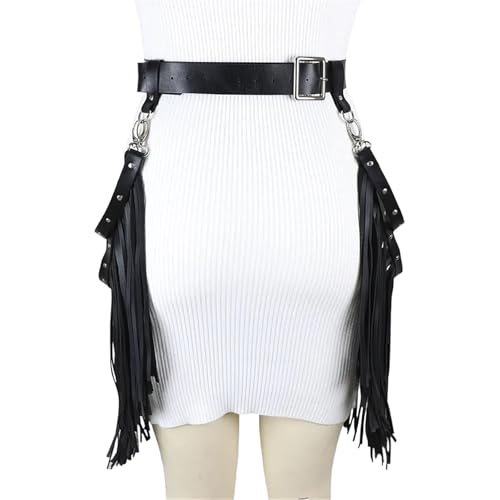 JIAHG Womens Black Tassel Waist Belt Vintage PU Leather Punk Long Fringe Belt Adjustable Gothic Body Harness Waistband for Halloween Cosplay Fancy Party Dress Costume3