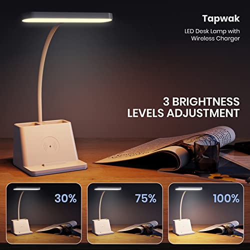 Tapwak Small Desk Lamp With Wireless Charger, White Gooseneck Desktop Lamp, Study Lamps For Bedrooms/Small Spaces Desk Lights For Home Office With Pen Holder, Cute Desk Lamp For College Dorm Room #TOP3