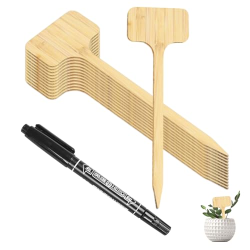 30 Stück Umweltfreundliche Pflanzenschilder aus Bambus, T-förmig, Wetterfest, Wasserfest, mit Schwarzer Markerstift, für Garten, Kräuter, Draußen (H:18cm x W:6cm)