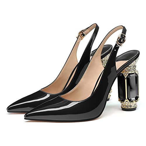 Image of JANSEVEN Women Chunky Heels Pumps Crystal Block Heels with Rhinestones Pointed Toe Sexy Gradient Patent Leather Slip on Bridal Party Wedding Dress Shoes 5-13 M US