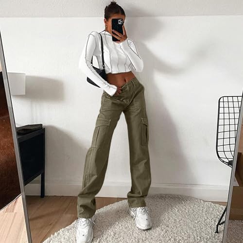 Image of Lepunuo Cargo Pants for Women High Waisted Casual Pants Baggy Stretchy Wide Leg Y2K Streetwear with 6 Pockets