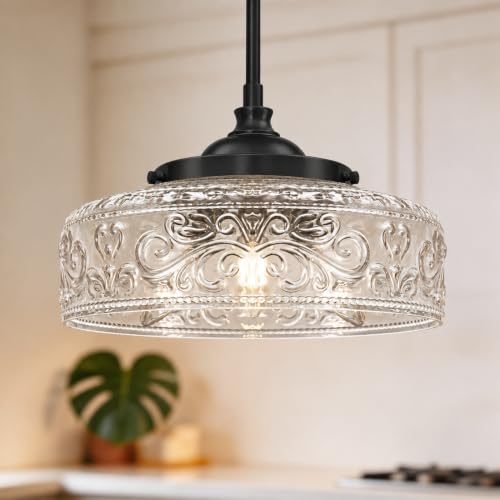 Black 3-Light Pendant Light with 12in Glass Shade, Farmhouse Pendant Lights Kitchen Island, Adjustable Hight & Angle Bathroom Pendant Ceiling Hanging Light Fixtures for Home Bedroom Hallway, 3*E12
